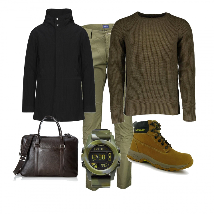 Outfit uomo - Viaggio in aereo per lavoro. Stile Urban per Ufficio. Abbinamento con giubbotto, maglioni, orologi, pantaloni cargo, stivali cammello, borsa marrone.
