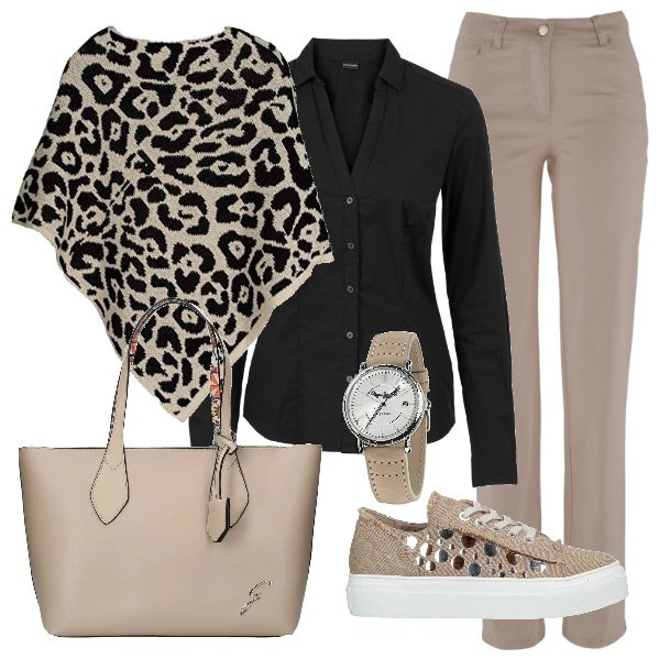 Outfit donna - In ufficio con stile. Stile Urban per Ufficio. Abbinamento con camicie, pantaloni, sneakers, shopping bag beige, cappotti, orologio con cinturino beige.