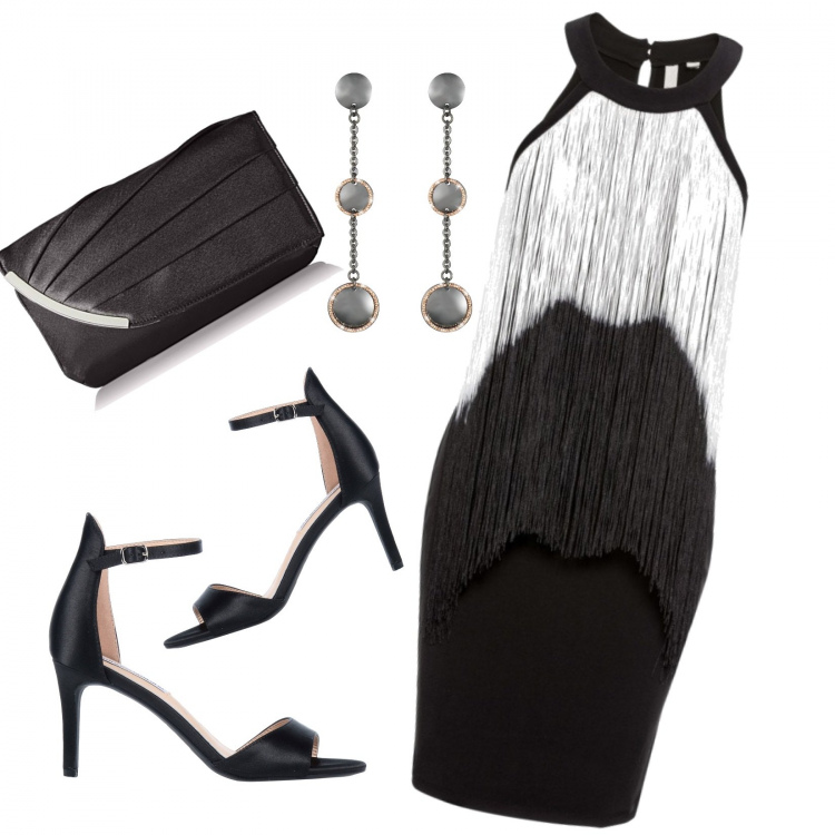 Outfit donna - Sexi con le frange!. Stile Sexy per Serata fuori. Abbinamento con sandali col tacco, borse a secchiello, pochette, orecchini.