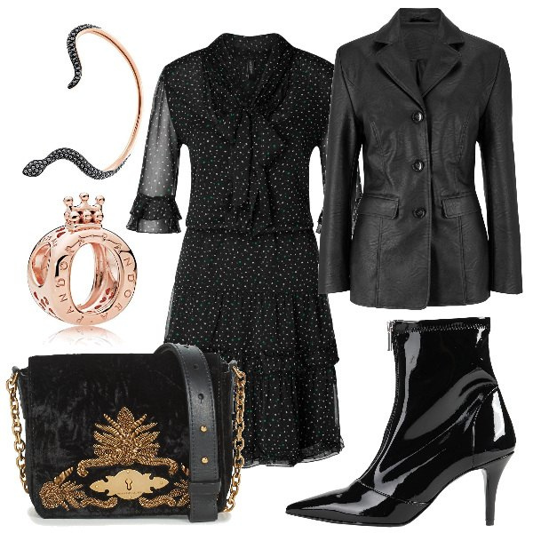 Outfit donna - Trendy #5886. Stile Trendy per Serata fuori. Abbinamento con blazer, stivaletti, borsa a tracolla, vestiti, orecchini a clip in oro rosa nero, ciondoli.