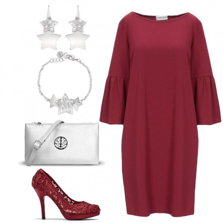 Outfit donna - Un abito semplice, comodo e chic. Stile Chic per Serata fuori. Abbinamento con vestito corto, vestiti lunghi, bracciale glitter in ottone rodiato, portafogli, orecchini glitter.