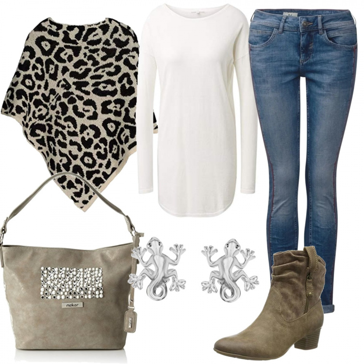Outfit mujer - Étnico #241. Estilo Étnico para Todos los días. Combinación con botas y anfibios beige, maglioncino in denim jersey bianco, abrigos, vaqueros, shopping bag beige, pendientes argento.