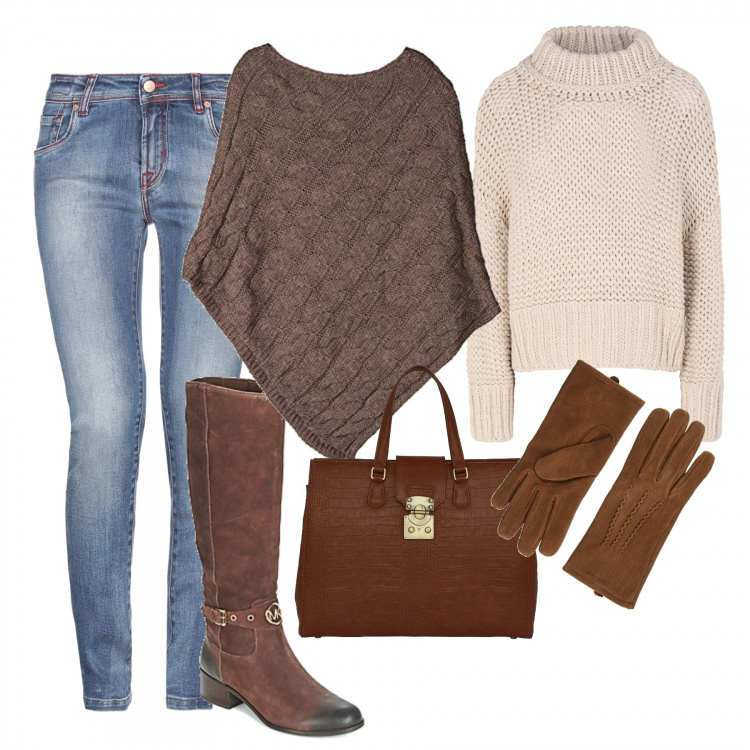 Outfit mujer - Urban #2819. Estilo Urban para Todos los días. Combinación con poncio, guantes, botas, borsa a mano, maglioncino, pantalone in denim.
