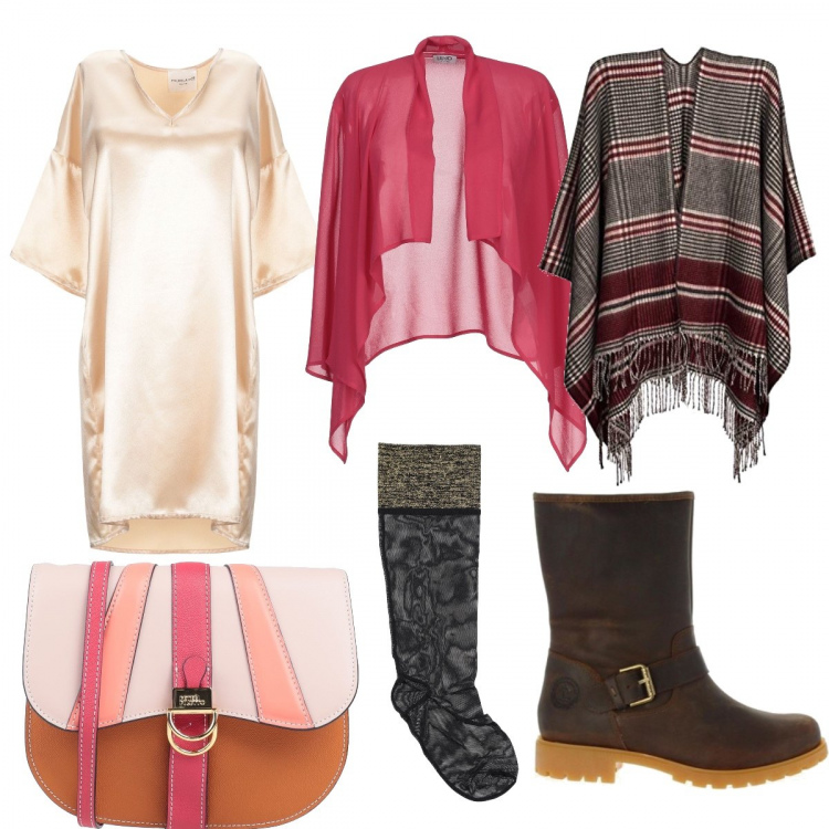 Outfit mujer - Total look #433101. Combinación con poncio, botas y anfibios multicolore, vestido corto, giacca, calza, bandoleras.