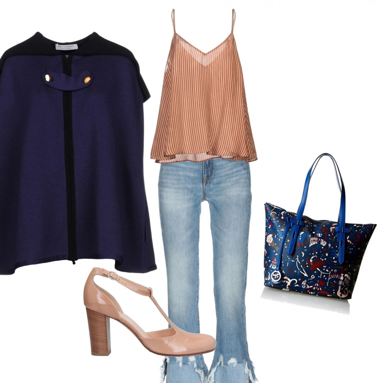 Outfit femme - Tendance #5933. Style Tendance pour Tous les jours. Assortir avec manteaux, pantalone in denim, escarpins, shoppers et shopping bags, hauts.