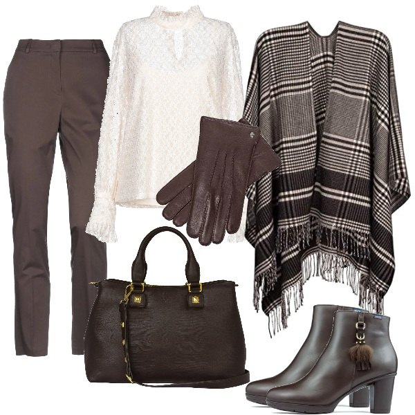 Outfit mujer - Reunión de trabajo. Estilo Trendy para Oficina. Combinación con poncho, guantes, botines, borsa a mano, blusas, pantalone.