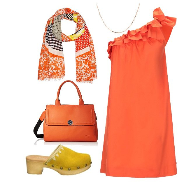 Outfit mujer - Urban #2841. Estilo Basic para Todos los días. Combinación con shopping bag arancione, sciarpa, collana in oro rosa, sandalias, vestito.