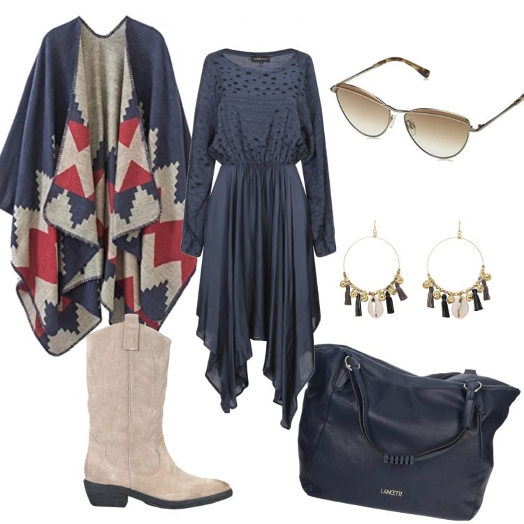 Outfit mujer - Capa look. Estilo Trendy para Todos los días. Combinación con capas, gafas de sol, bandolera, vestito in viscosa, pendientes, botas y anfibios con cubano in pelle.