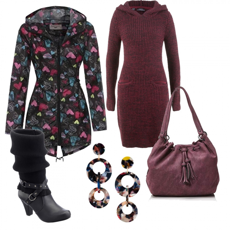 Outfit donna - Trendy #5973. Stile Trendy per Tutti i giorni. Abbinamento con stivali, vestiti, orecchini, trench, borse a spalla.