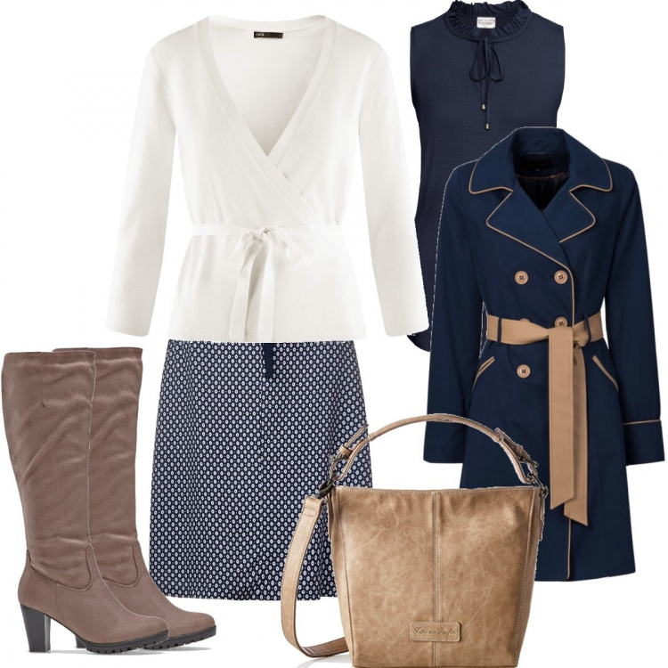 Outfit donna - Mercoledì bianco blu. Stile Trendy per Ufficio. Abbinamento con trench, top, stivali, gonna, cardigan, borsa.