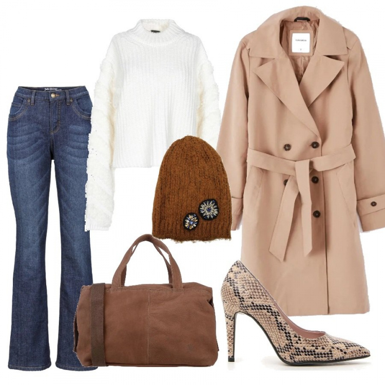 Outfit donna - Look per il freddo!. Stile Urban per Ufficio. Abbinamento con jeans bootcut, borsa a mano, trench, cappello, décolleté.