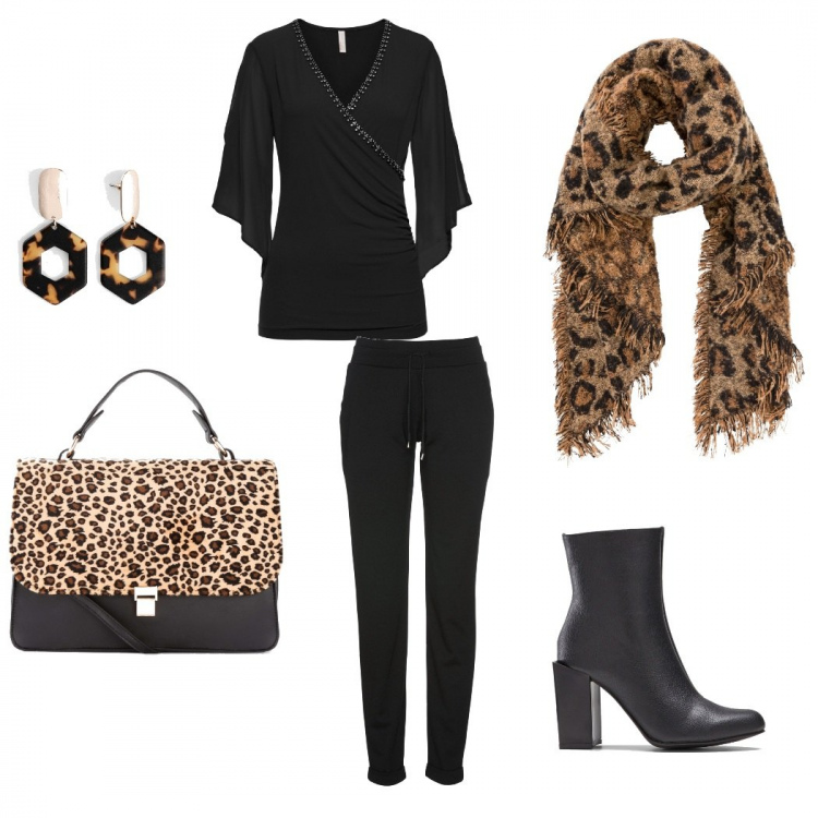 Outfit donna - Sobrio e intramontabile. Stile Urban per Tutti i giorni. Abbinamento con pantaloni, maglieria, stivaletti con zip nero, borse a mano, scialli, orecchini.