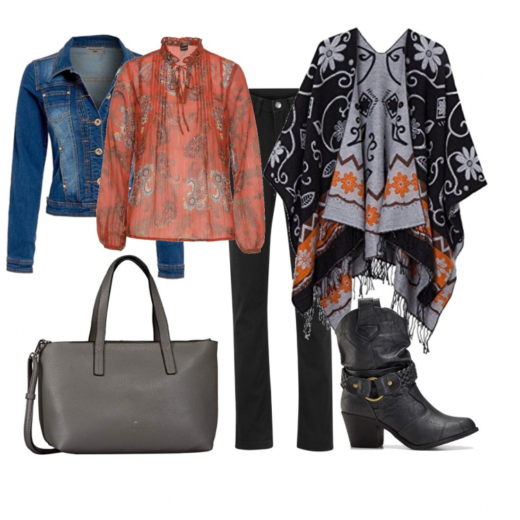 Outfit femme - Cape bohème en ville. Style Ethnique pour Tous les jours. Assortir avec blusa petit chiffon, bottines texanes, pantalon , vestes, blazers et manteaux, vestes, blazers et manteaux, sac cabas.