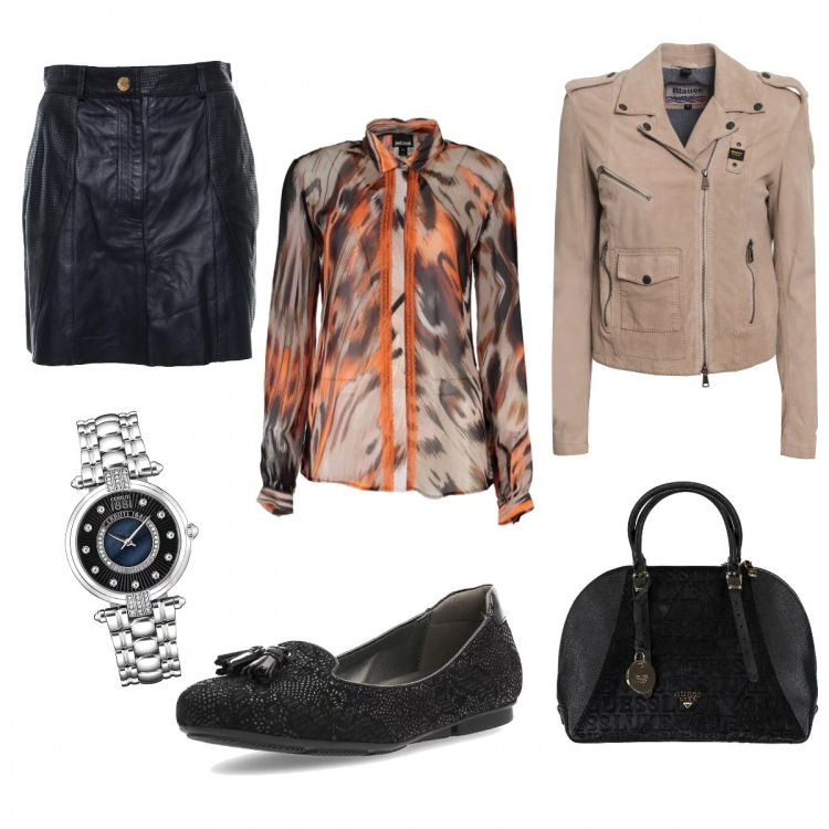 Outfit donna - A lavoro con grinta. Stile Rock per Ufficio. Abbinamento con camicie, blazer, ballerine, orologio, zaini, gonna.