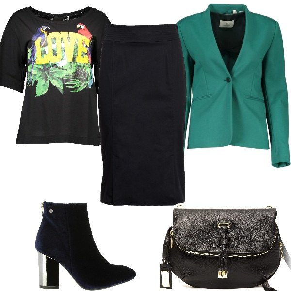 Outfit donna - Pricy. Stile Basic per Ufficio. Abbinamento con gonna longuette, t-shirt, stivaletti, blazer, borsa.