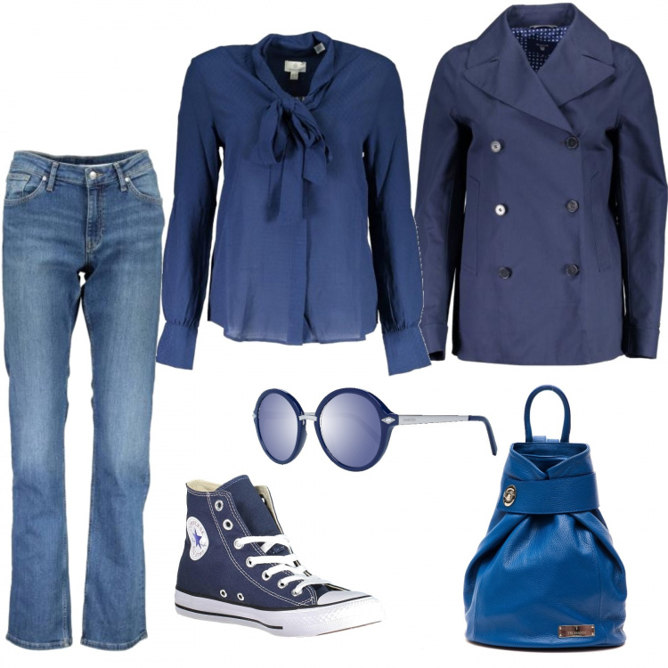 Outfit donna - Pricy blue. Stile Basic per Tutti i giorni. Abbinamento con camicie, giacche sportive, zaino, jeans, occhiali da sole, sneakers alte.