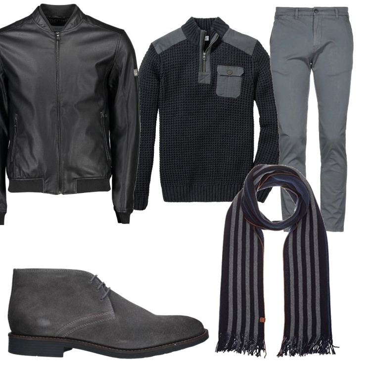 Outfit uomo - Casual #1814. Stile Casual per Ufficio. Abbinamento con maglieria, stivaletti, pantalone chino, giacche, sciarpa.