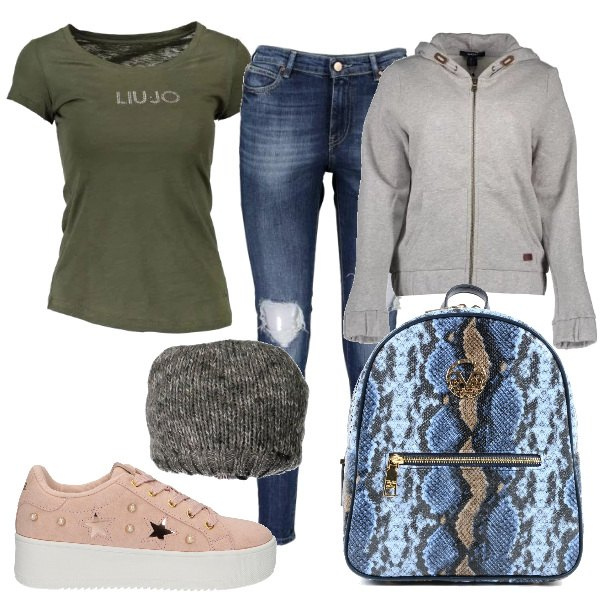 Outfit donna - Urban #2885. Stile Urban per Tutti i giorni. Abbinamento con t-shirt, zaino in pelle multicolore, sneakers alte, felpa con cappuccio, berretti, jeans.