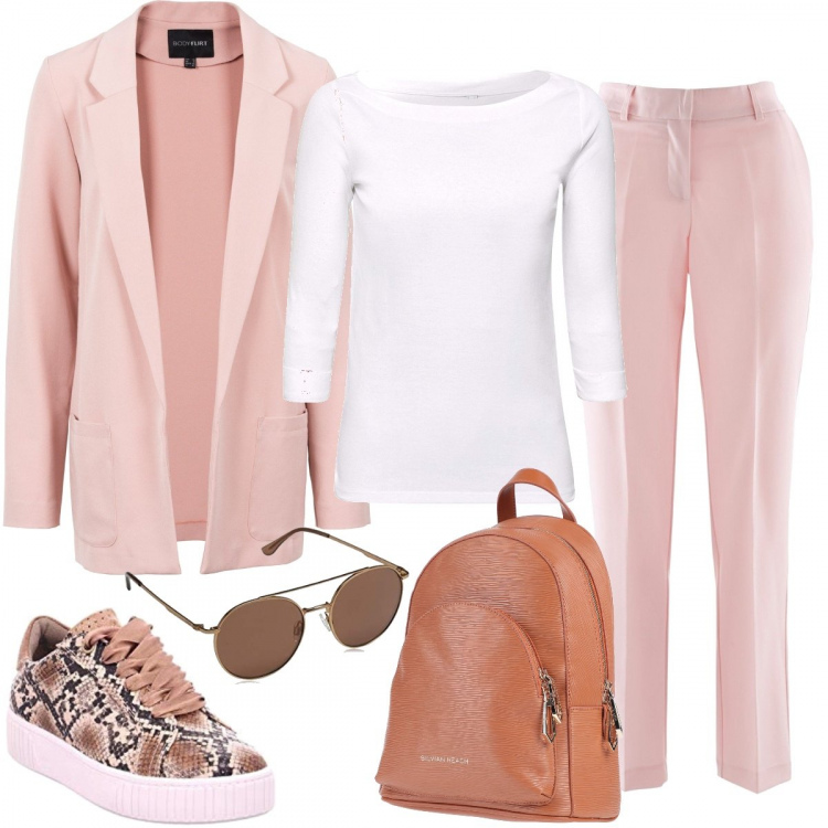 Outfit donna - Al lavoro in rosa. Stile Trendy per Ufficio. Abbinamento con zaino, vestiti corti, pantaloni, sneakers, pullovers, occhiali da sole unisex-adulto marrone.