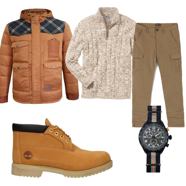 Outfit uomo - Urban #1097. Stile Urban per Tutti i giorni. Abbinamento con maglieria, pantaloni cargo, stivali beige, giubbotto, orologio.