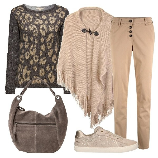Outfit donna - Pronta per il lavoro. Stile Basic per Ufficio. Abbinamento con shorts, shopping bag, sneakers, felpe, poncio.