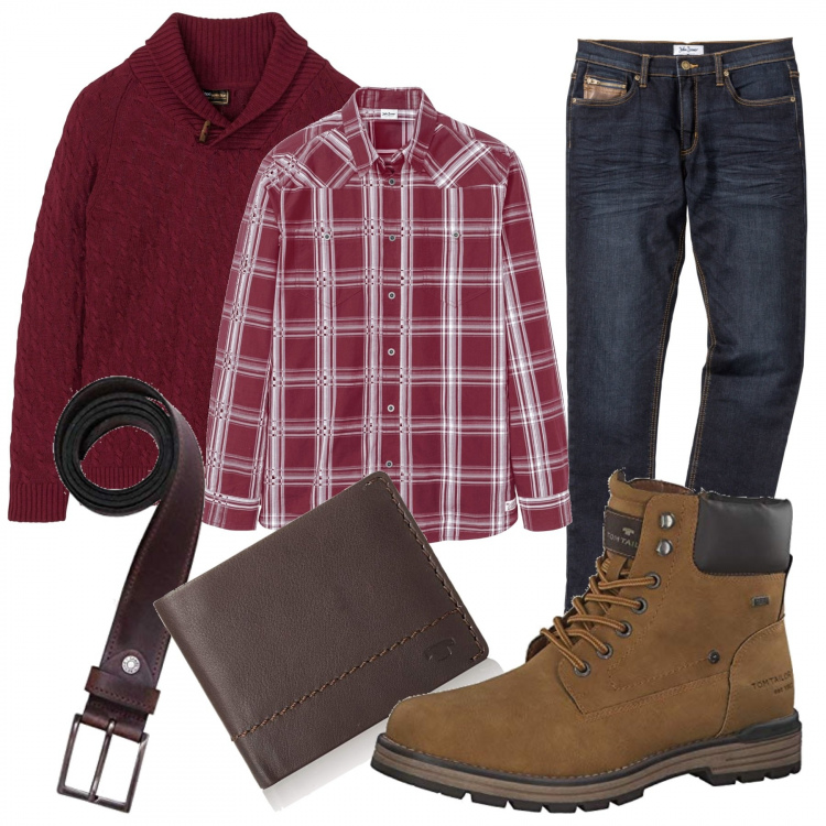 Outfit homme - Montagnard. Style Tendance pour Tous les jours. Assortir avec jean slim, pulls et cardigans, chemises, bottes beige, porte-feuilles et porte-monnaie in denim marrone, ceintures et bretelles marrone.