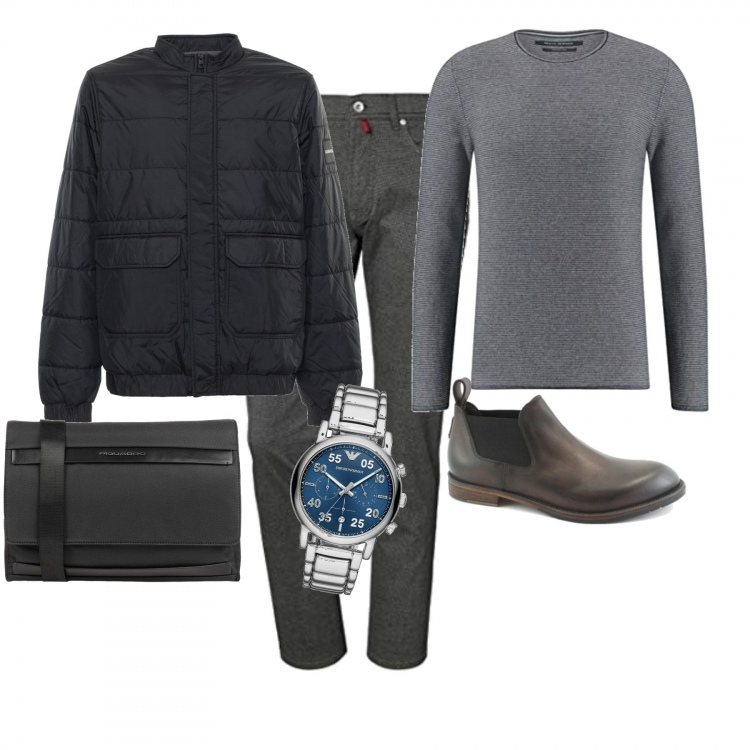 Outfit uomo - Viaggio in aereo. Stile Urban per Tutti i giorni. Abbinamento con valigetta, stivaletti, pantaloni, felpe, orologio, giubbotto.