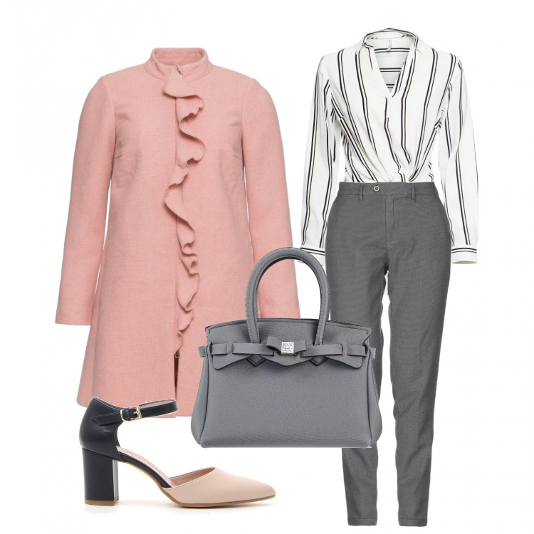 Outfit donna - Trendy #6122. Stile Trendy per Scuola/Università. Abbinamento con pantalone fantasia con zip e bottoni, borsa a mano con fiocco taglia media doppio manico tinta unita, blusa, pantaloni, décolleté.