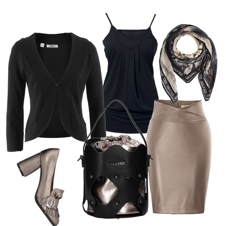 Outfit donna - Gonna attillata. Stile Chic per Ufficio. Abbinamento con top, blazer, mocassini con frange e tacco geometrico con fibbia e punta tonda tinta unita, borsa a tracolla nero, gonne, foulard.