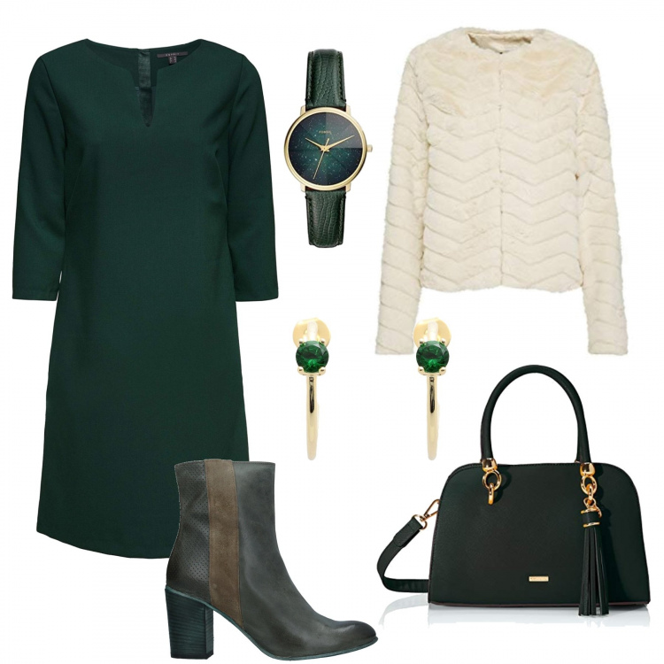 Outfit mujer - Entrevista de trabajo. Estilo Bon Ton para Oficina. Combinación con vestito verde e nero, shorts beige, borsa a mano verde, reloj, botines, pendientes.