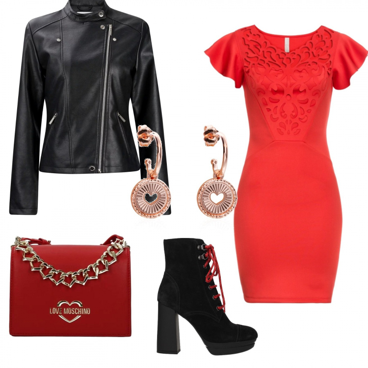 Outfit donna - Trendy #6150. Stile Trendy per Serata fuori. Abbinamento con vestiti, stivaletti, borsa a mano, giacca sportiva, orecchini pendenti.