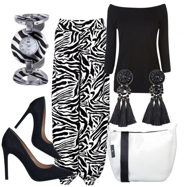 Outfit donna - Animalier in bianco. Stile Chic per Serata fuori. Abbinamento con pantaloni a palazzo, maglieria, borse a spalla, décolleté a punta tinta unita, top, orologio.