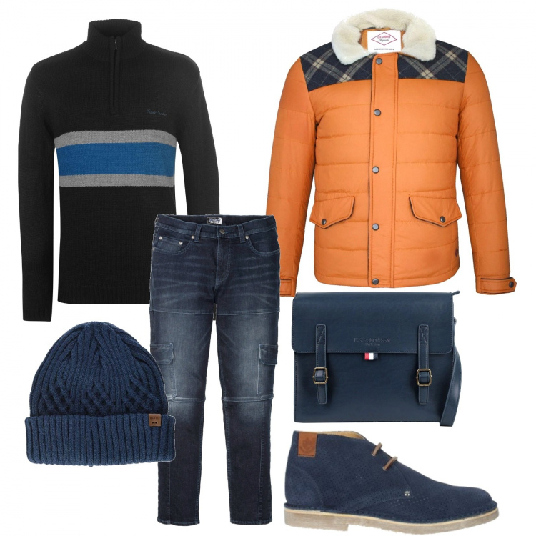 Outfit uomo - Casual #1848. Stile Casual per Tutti i giorni. Abbinamento con jeans slim fit, polo, stivaletti, giubbotto, maglia, berretti.