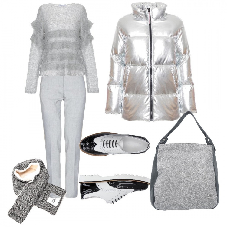 Outfit donna - Chic, chiaro come la neve. Stile Chic per Tutti i giorni. Abbinamento con scarpe stringate, pullovers, pantalone lungo, borse a mano, sciarpa, giubbotto argento.