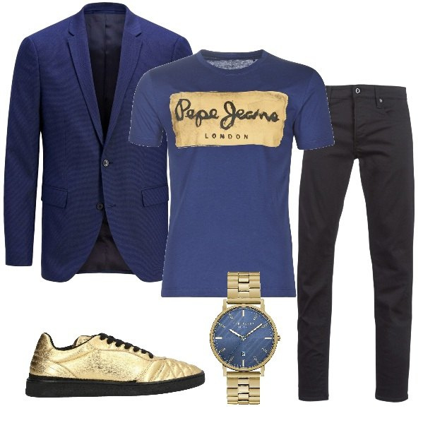 Outfit uomo - In discoteca. Stile Trendy per Serata speciale. Abbinamento con giacche, t-shirt, jeans straight nero, sneakers, orologio.
