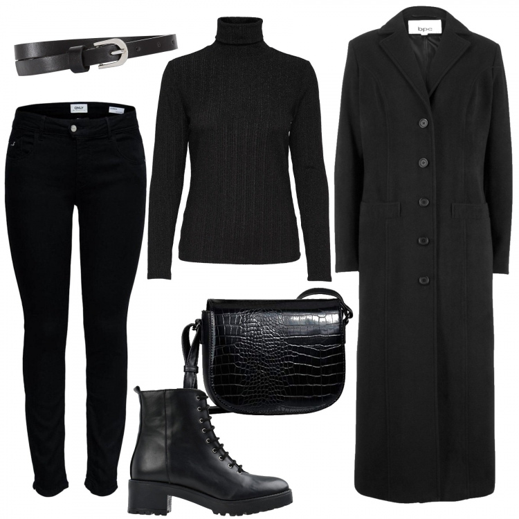 Outfit donna - Total Black. Stile Basic per Tutti i giorni. Abbinamento con cappotti, cinture, stivaletti con suola carrarmata e tacco squadrato con punta tonda in pelle tinta unita, jeans slim fit nero, maglioni, borse a spalla.