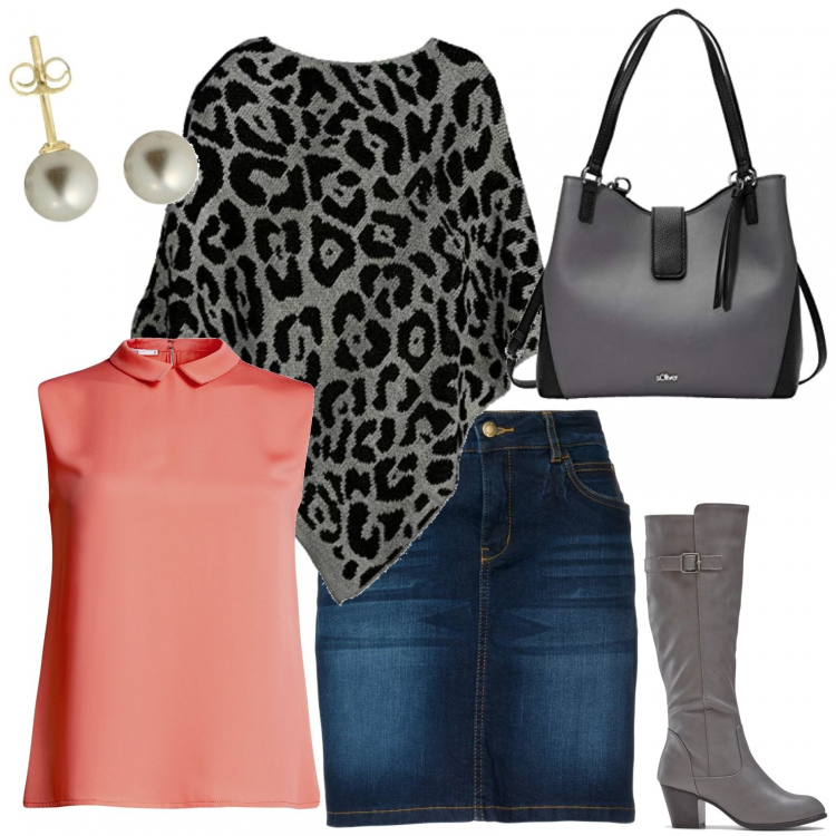 Outfit donna - Mantella + blusa corallo. Stile Trendy per Tutti i giorni. Abbinamento con gonne, stivali, camicie, cappotti, borsa a tracolla, orecchini.