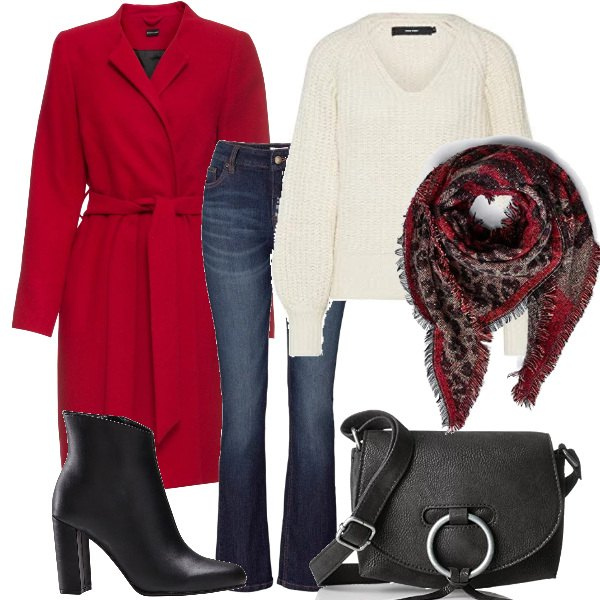 Outfit donna - Il cappotto rosso. Stile Basic per Ufficio. Abbinamento con jeans bootcut, gonne, zaini, borsa a tracolla nero, blusa, sciarpa multicolore e rosso.