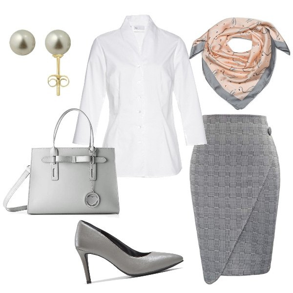 Outfit donna - Monday Style sobrietà ed eleganza. Stile Bon Ton per Ufficio. Abbinamento con camicie, giacche, gonna a tubino con spacco e zip aderente, foulard, borse a mano, orecchini.