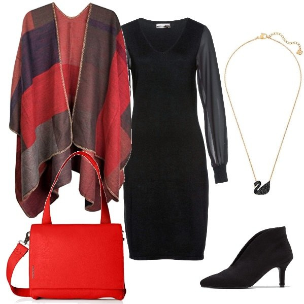 Outfit donna - Mantella sempre di moda. Stile Trendy per Ufficio. Abbinamento con zaini, vestiti, poncio, pendente in oro rosa nero, borse a mano.