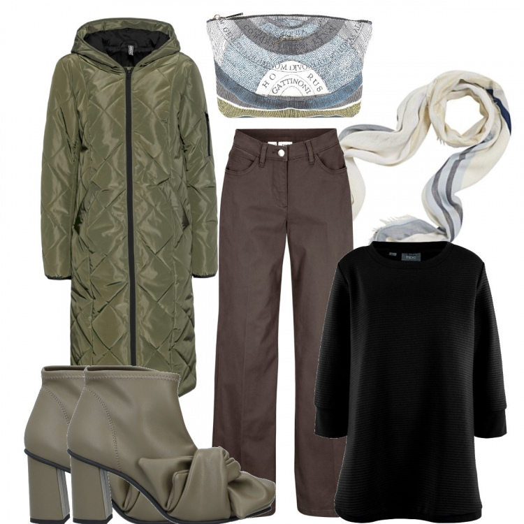 Outfit donna - Oggi maltempo=curvy trendissima. Stile Basic per Tutti i giorni. Abbinamento con felpe, reggiseni, pantalone lungo, stivaletti, beauty case, sciarpe.