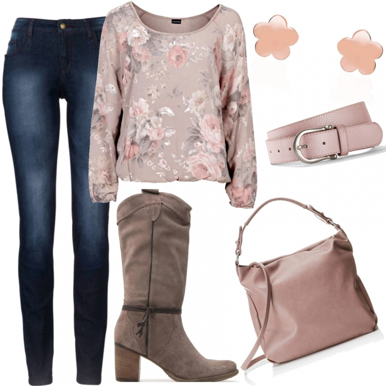 Outfit donna - In giro per la città con i turisti. Stile Urban per Tutti i giorni. Abbinamento con jeans skinny, tunica, cinture, stivali, borsa a spalla, orecchini argento.