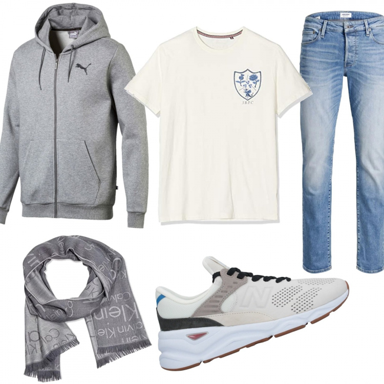 Outfit homme - Urban #1169. Style Urban pour Tous les jours. Assortir avec sneakers tennis, t-shirt crema, jeans, felpa, foulards et écharpes.