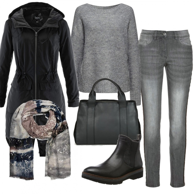 Outfit donna - Esco per la spesa. Stile Basic per Tutti i giorni. Abbinamento con blazer, jeans, borsa a mano, felpa, sciarpa, stivali chelsea nero.