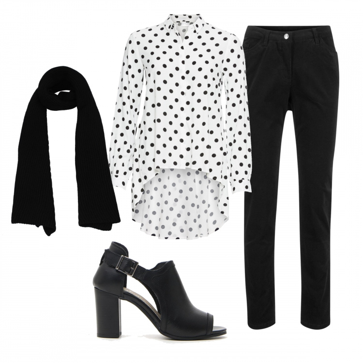 Outfit donna - Rock #1057. Stile Rock Abbinamento con pantaloni, camicie, sciarpa, stivaletti.