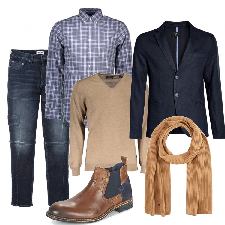 Outfit uomo - Business/Elegante #486. Stile Business/Elegante per Ufficio. Abbinamento con jeans slim fit, stivaletti, blazer, sciarpe, maglia, camicia.
