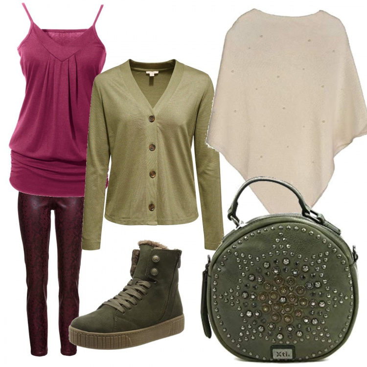 Outfit donna - Passeggiata nel parco. Stile Basic per Tutti i giorni. Abbinamento con top, pantaloni, borse a spalla, sneakers collo alto verde e kaki, cappotti, cardigans.