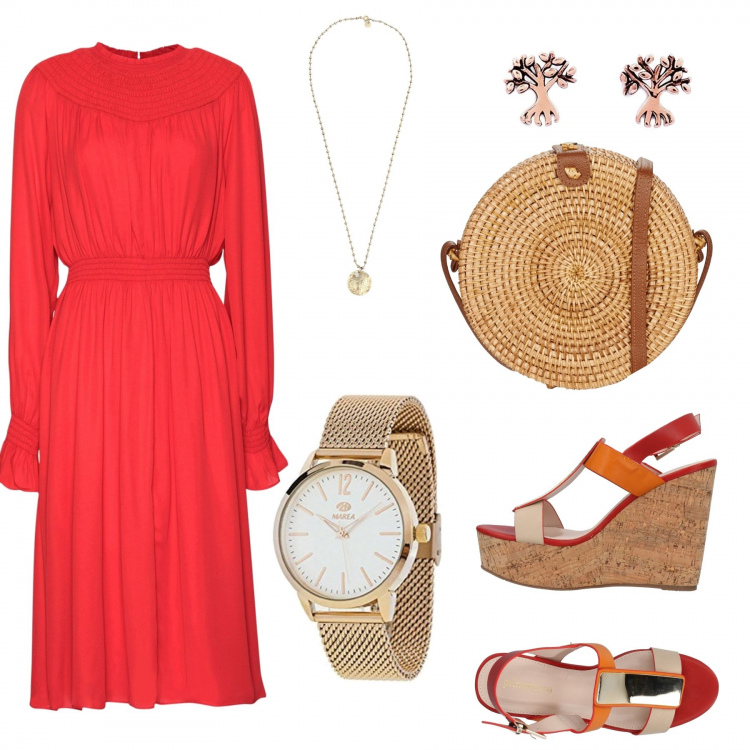 Outfit mujer - Ceremonias. Estilo Chic para Ceremonia. Combinación con orecchini rosa, orologio rosa, bolso, vestidos midi/longuettes, sandalias multicolore, collana.