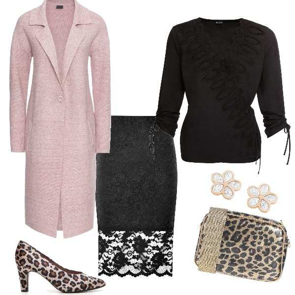Outfit donna - Un s.valentino romantico. Stile Bon Ton per Serata fuori. look ideale per Tall. Abbinamento con cappotti, blusa a portafoglio nero, borse a mano, gonne longuette, orecchini, décolleté.