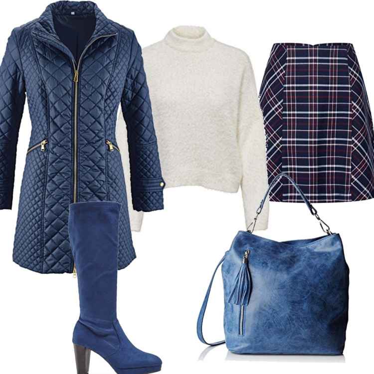 Outfit donna - Basic #3926. Stile Basic per Tutti i giorni. Abbinamento con blazer, stivali con plateau e zip elasticizzato blu, minigonne, borsa a mano, felpa.